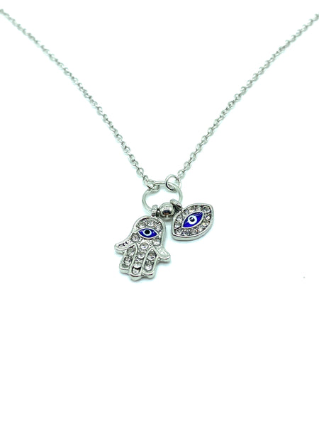 Silver Hamsa Hand & Evil Eye Necklace #3711
