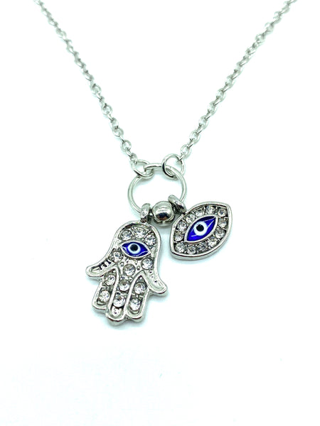 Silver Hamsa Hand & Evil Eye Necklace #3711