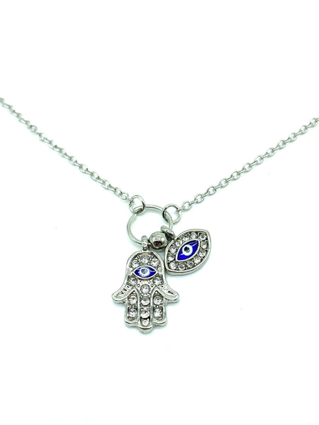 Silver Hamsa Hand & Evil Eye Necklace #3711