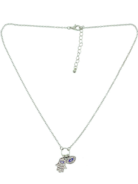 Silver Hamsa Hand & Evil Eye Necklace #3711