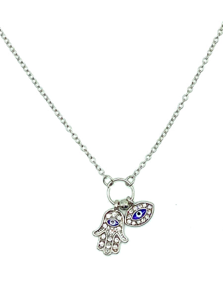 Silver Hamsa Hand & Evil Eye Necklace #3711