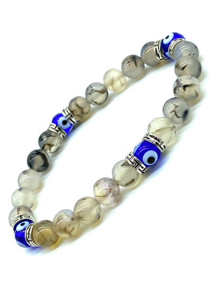 Natural Rutilate Agate Moon 8mm Bead Evil Eye Bracelet #2297