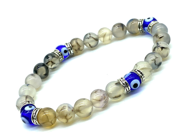 Natural Rutilate Agate Moon 8mm Bead Evil Eye Bracelet #2297