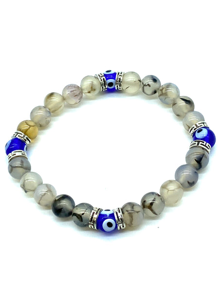 Natural Rutilate Agate Moon 8mm Bead Evil Eye Bracelet #2297