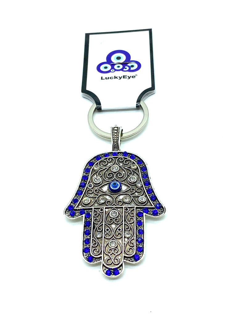 AllTopBargains Hamsa Hand Keychain Lucky Evil Eye Nazar Mati Charm Amulet Kabbalah Protection, Adult Unisex, Blue