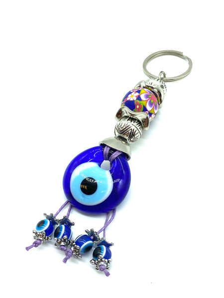 Evil Eye  Fimo bead flower design with glass eye and dangling eyes key chain #1306