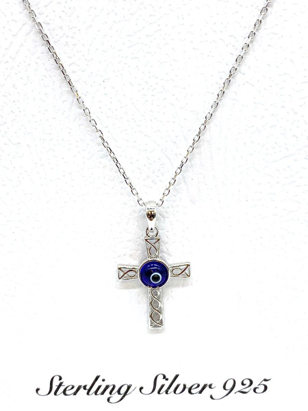 925 Sterling Silver Cross Evil Eye Necklace #9607