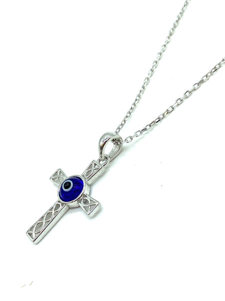 925 Sterling Silver Cross Evil Eye Necklace #9607