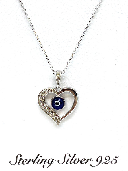 925 Sterling Silver Heart Evil Eye Necklace #9603