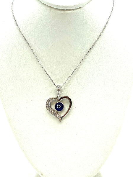 925 Sterling Silver Heart Evil Eye Necklace #9603