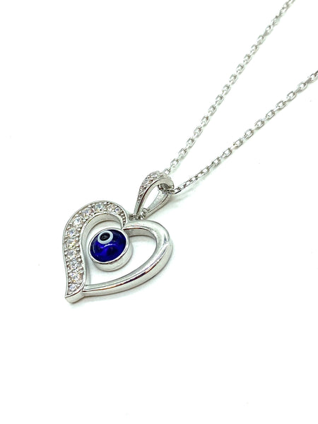 925 Sterling Silver Heart Evil Eye Necklace #9603