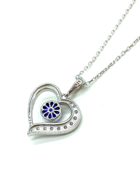 925 Sterling Silver Heart Evil Eye Necklace #9603