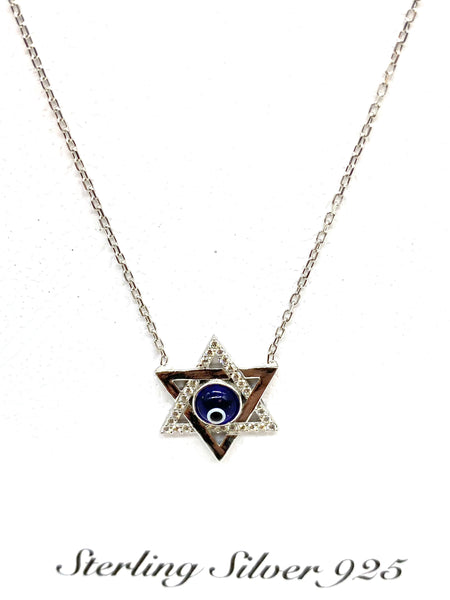 925 Sterling Silver Star of Davil Evil Eye Necklace #9524