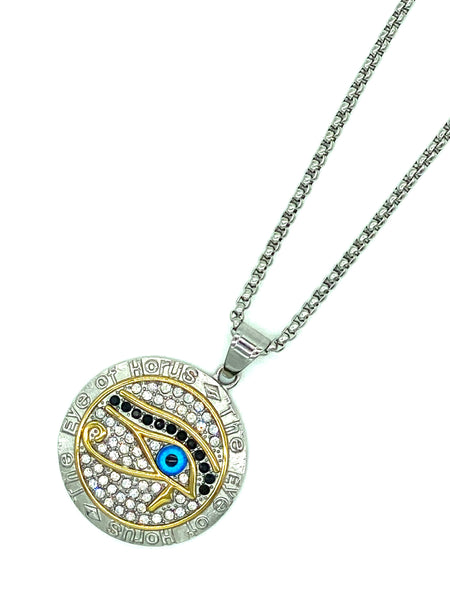 Stainless Steel Crystal Medallion  Evil Eye Necklace #3049